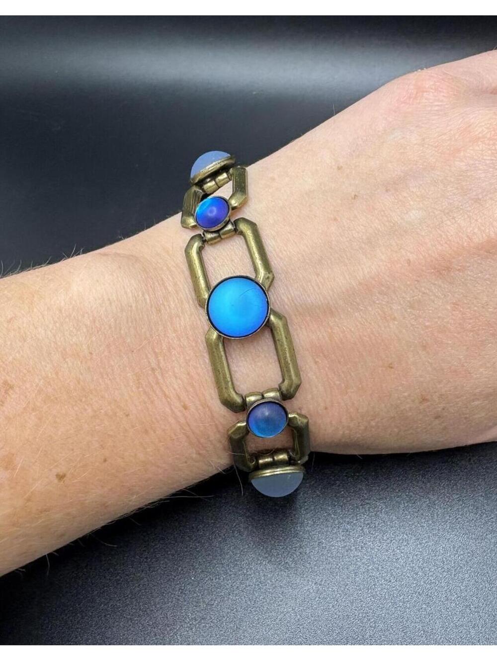 Vintage Estate Antique Bronze Bracelet with Iridescent Satin Cabochons